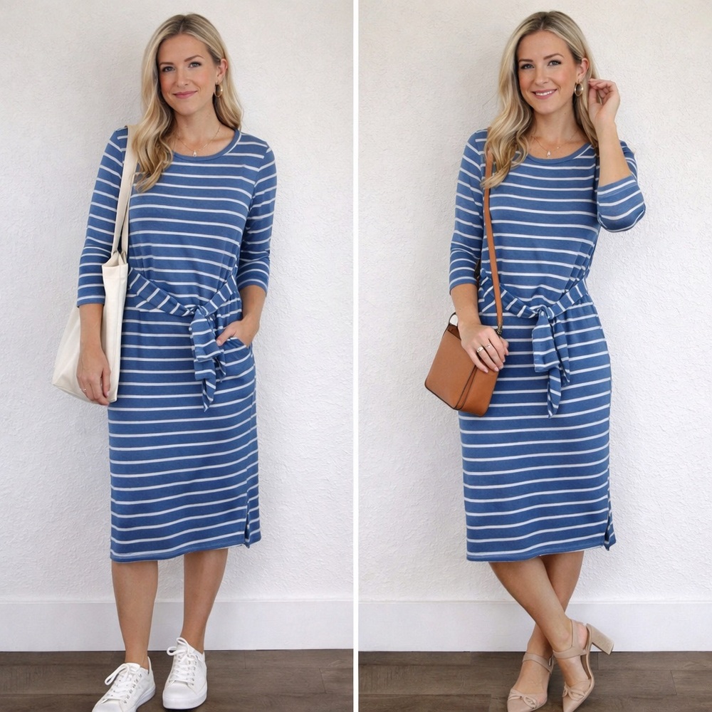 Emerald Blue and White Striped Midi Dress with Attached Belt